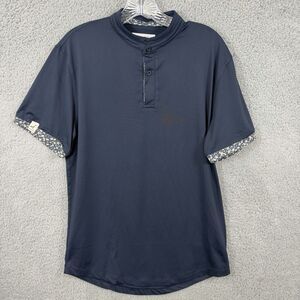 MANTRA The Performance Polo Mens Medium Navy Blue Floral Trim Golf Shirt Stretch